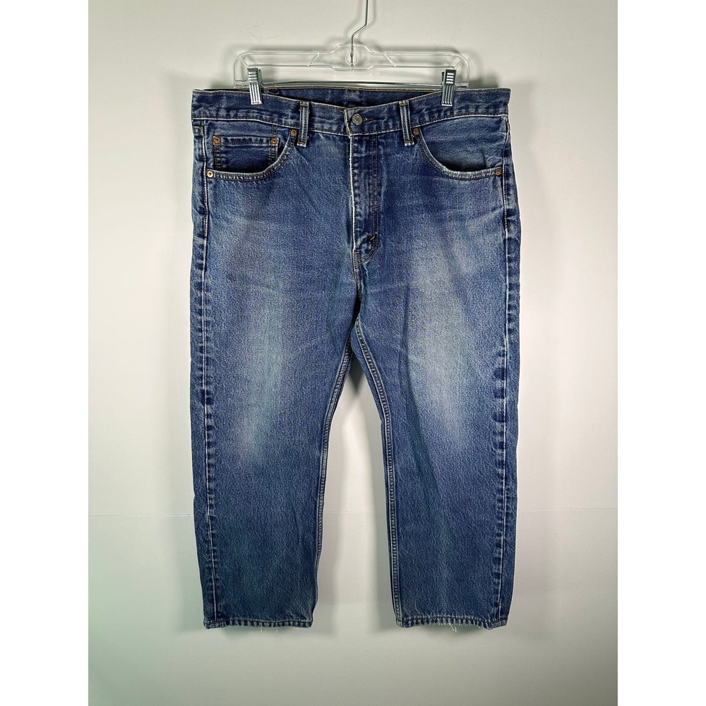 Levis Jeans Mens 36 505 Straight Leg Medium Wash Distressed Raw Hem Classic Blue